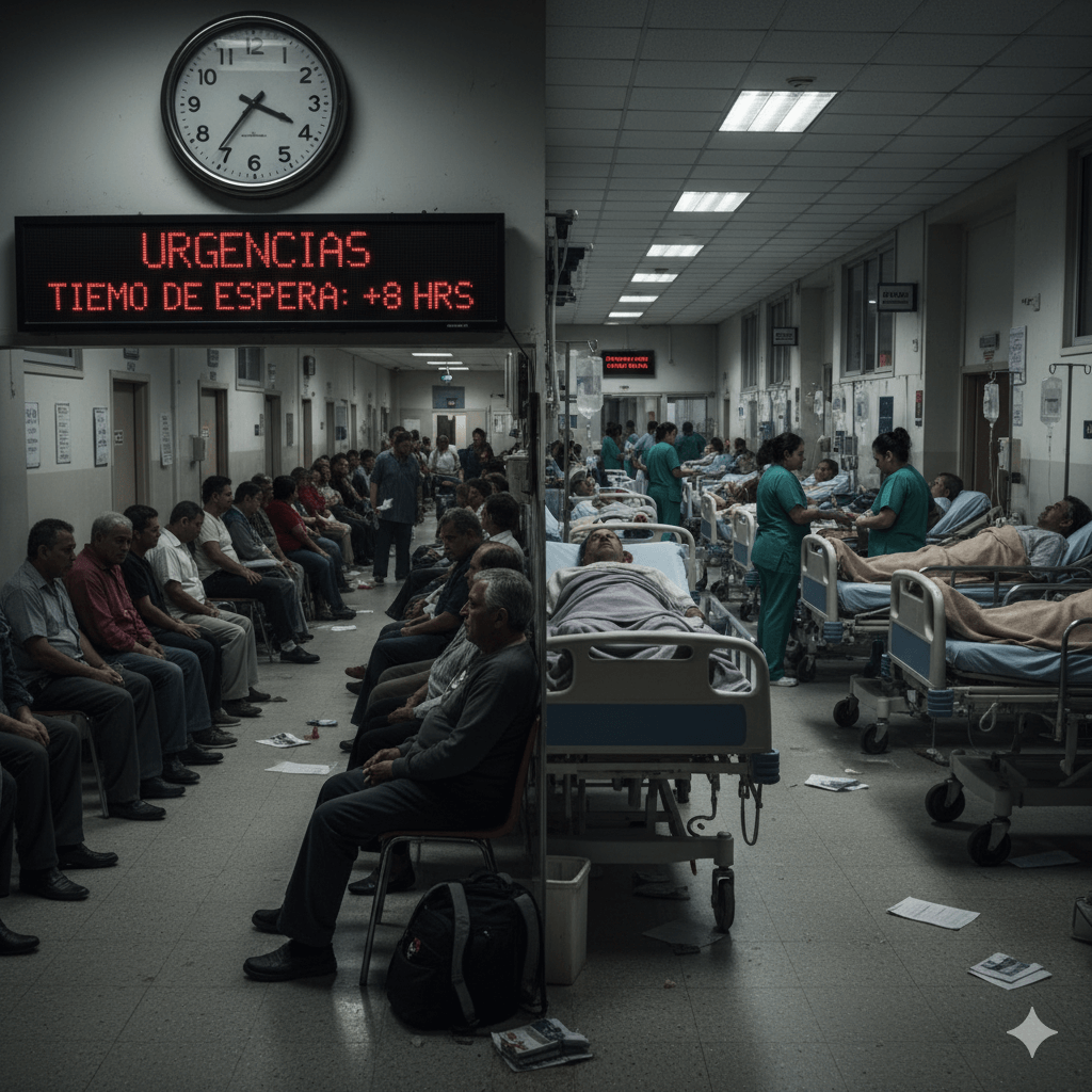Un pasillo de urgencias de un hospital español abarrotado de pacientes sentados en sillas y tumbados en camillas, con un cartel digital mostrando 'URGENCIAS TIEMPO DE ESPERA: +8 HRS