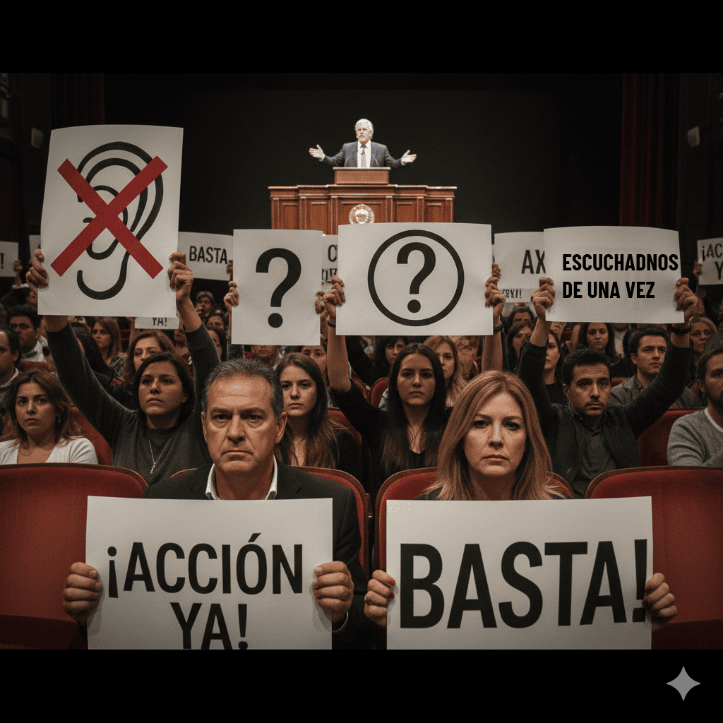 Una ilustración estilo cómic que muestra a un político en un podio con burbujas de diálogo vacías, mientras la gente con expresiones de decepción mira con desinterés. Unas personas sostienen una pancarta con las palabras "ESCUCHADNOS DE UNA VEZ", "BASTA", "ACCIÓN YA".