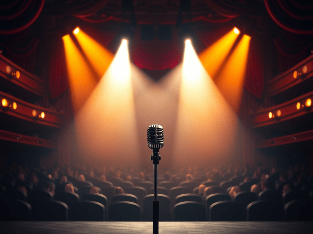 Un micrófono de estilo vintage y plateado, de cerca, en el centro de un escenario de madera. Dos potentes focos de luz dorada lo iluminan desde arriba, mientras que la audiencia borrosa se sienta en filas de asientos oscuros al fondo, bajo una luz tenue. El fondo está formado por cortinas rojas y oscuras que cuelgan.