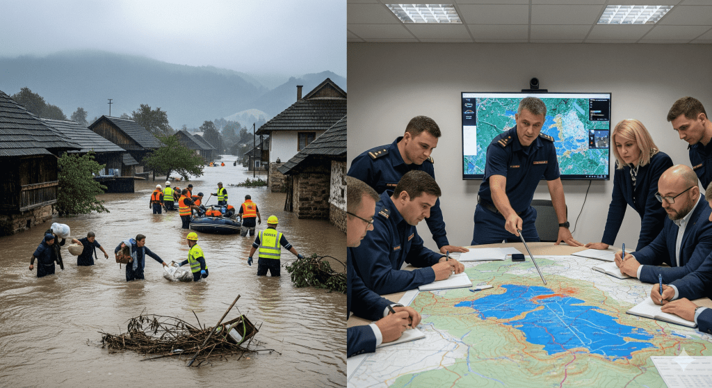Una imagen dividida: el lado izquierdo muestra a un grupo de personas, incluyendo socorristas y civiles, ayudando en un rescate durante una inundación severa en un pueblo. El lado derecho muestra a un equipo de emergencia en una sala de mando, analizando un mapa detallado sobre una mesa y una pantalla.