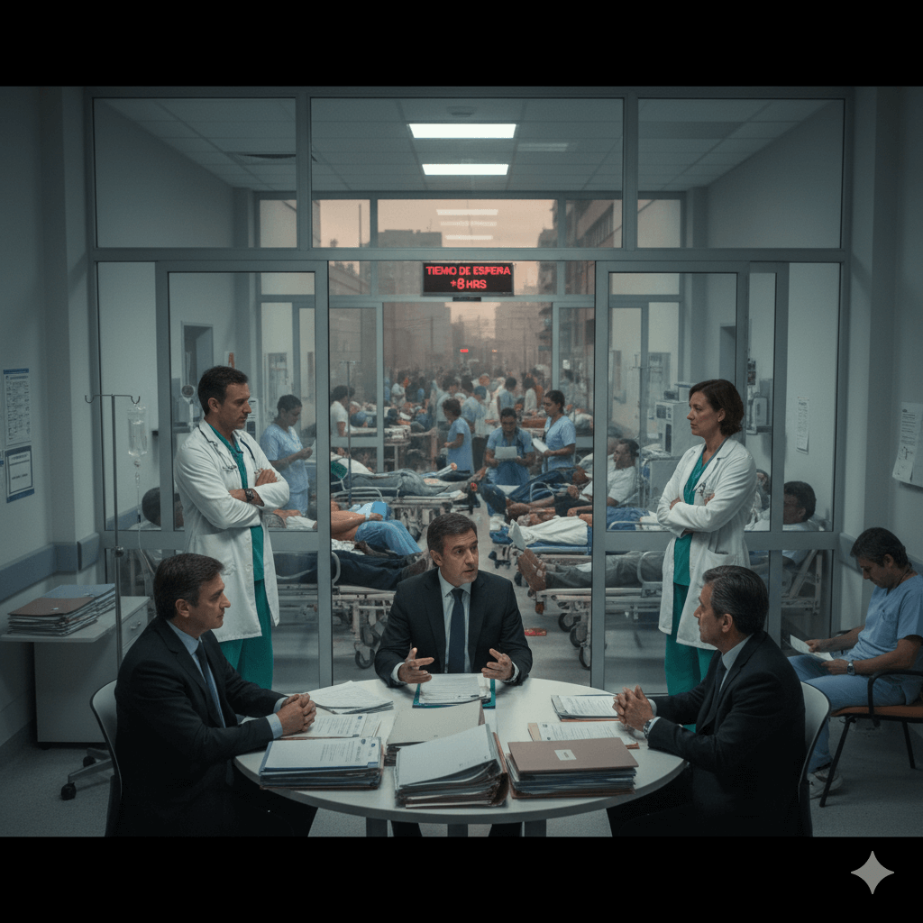 Escena de crisis en hospital español: profesionales sanitarios y gerentes discutiendo el exceso de pacientes y la larga espera con las urgencias saturadas y pacientes en camillas al fondo. Un cartel muestra "Tiempo de Espera +8 HRS"
