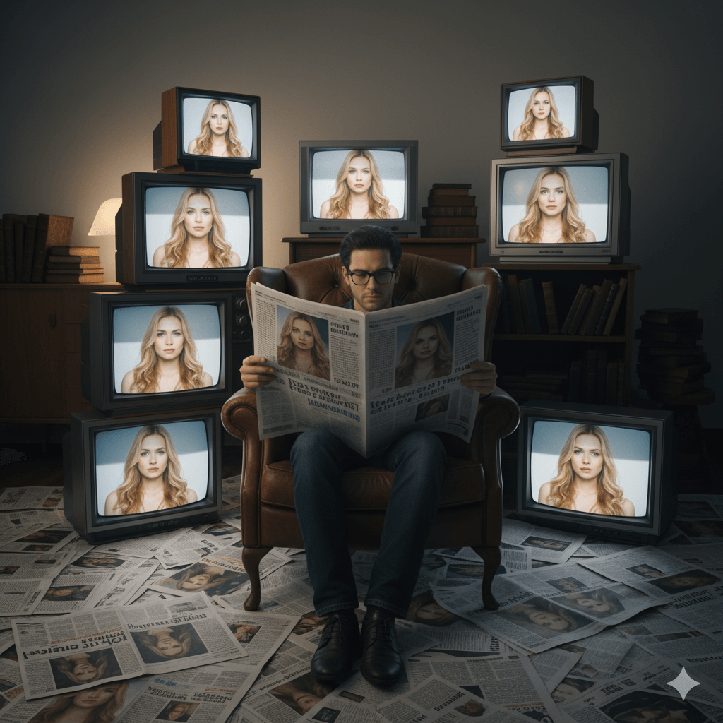 Una persona observa varios televisores y periódicos que muestran repetidamente la imagen de una mujer. Los medios de comunicación tienen el mismo titular, lo que sugiere una intensa cobertura mediática.