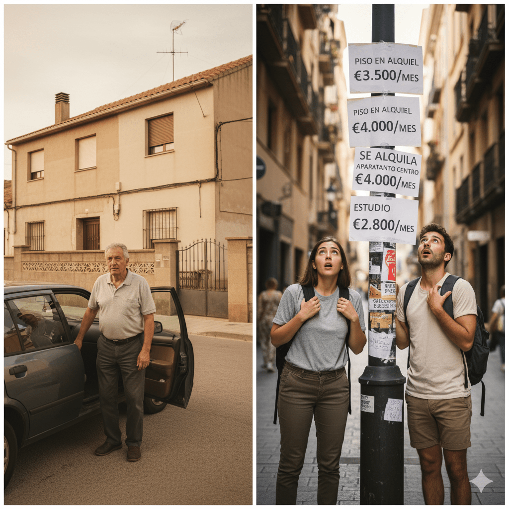 Contraste entre un hombre boomer que llega a su casa en su coche y una pareja millennial con mochilas observando carteles de alquiler con precios altos en una calle de ciudad española.