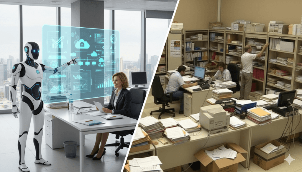Imagen dividida: a la izquierda, un robot y una mujer interactuando con tecnología avanzada en una oficina moderna; a la derecha, una oficina administrativa desordenada con pilas de papeles y empleados trabajando entre estantes llenos de documentos.