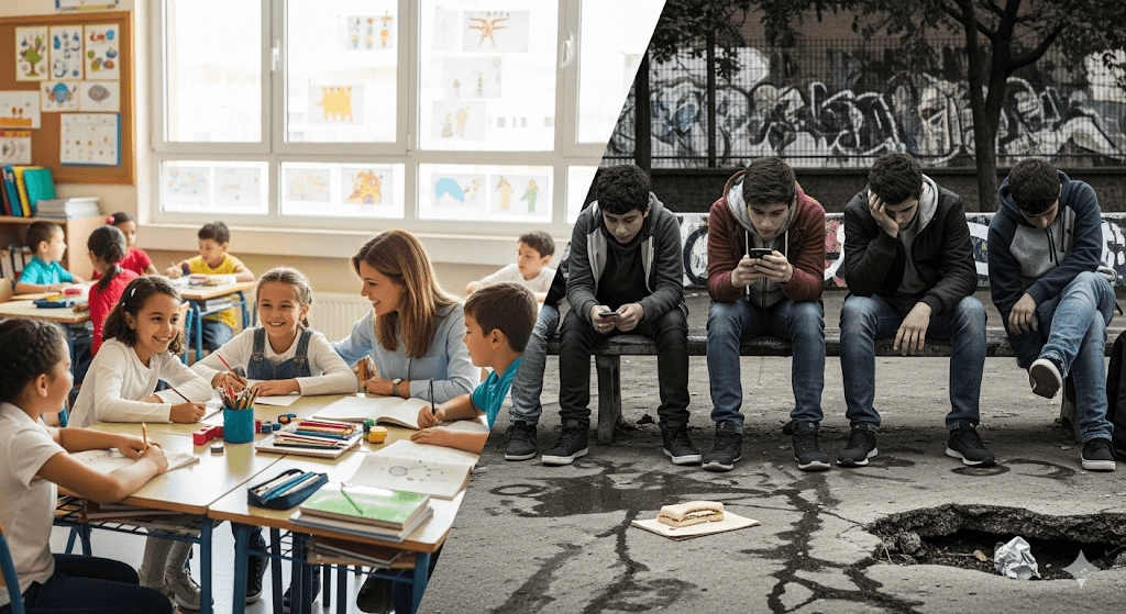 Dualidad del sistema educativo español, éxito y fracaso. Aula dinámica con estudiantes de primaria felices y jóvenes desilusionados en un entorno urbano, representando los retos de la educación secundaria y los ninis en España