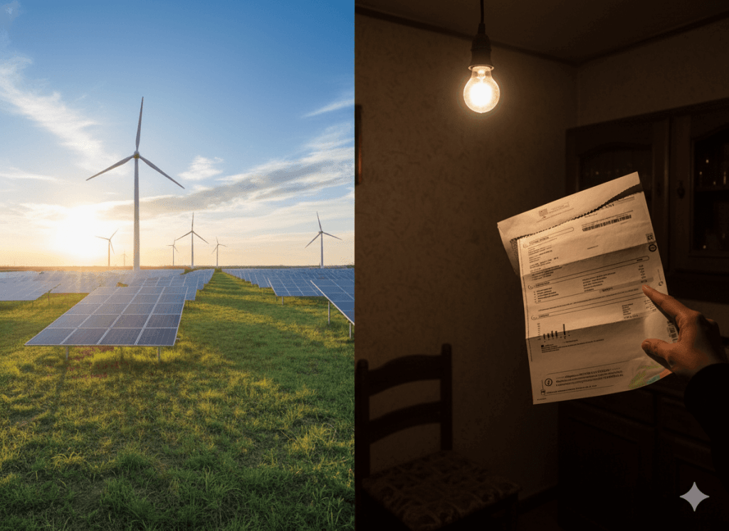 Campos con paneles solares y molinos de viento a la izquierda, y una mano sosteniendo una factura de luz con una bombilla encendida en un ambiente sombrío a la derecha.