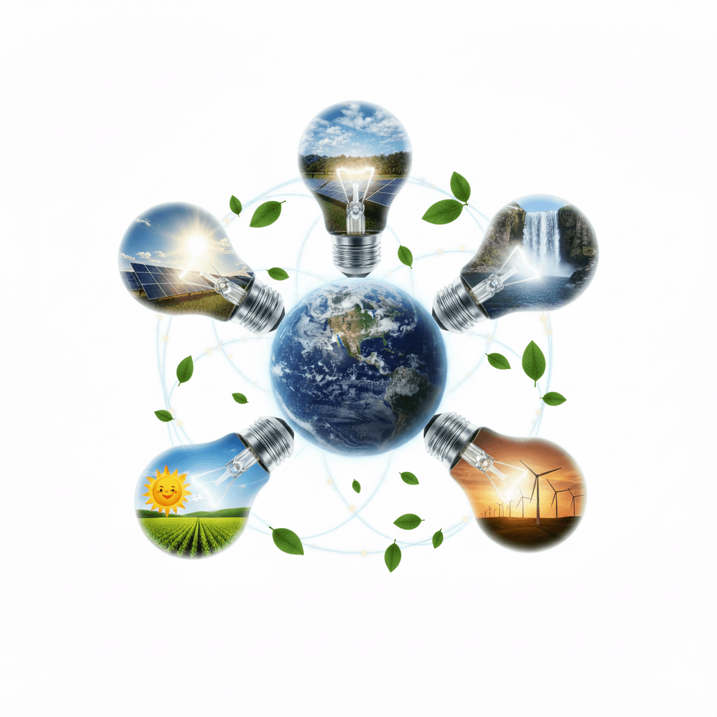 La Tierra conectada con bombillas que muestran energía solar, hidroeléctrica, campos de cultivo y turbinas eólicas.