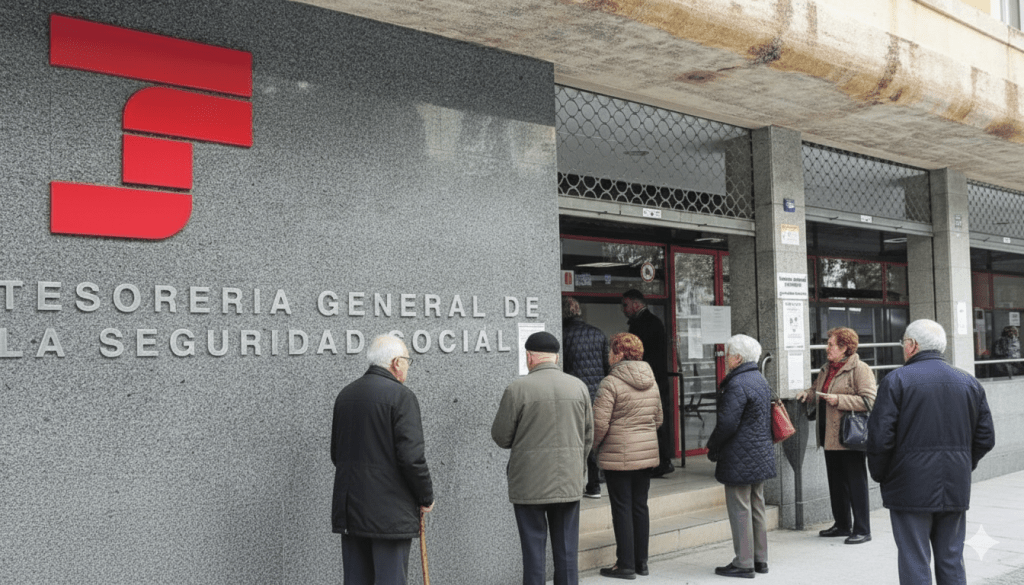 Grupo de personas mayores con expresión preocupada haciendo fila para acceder a una oficina de la Seguridad Social, simbolizando la espera por información sobre sus pensiones