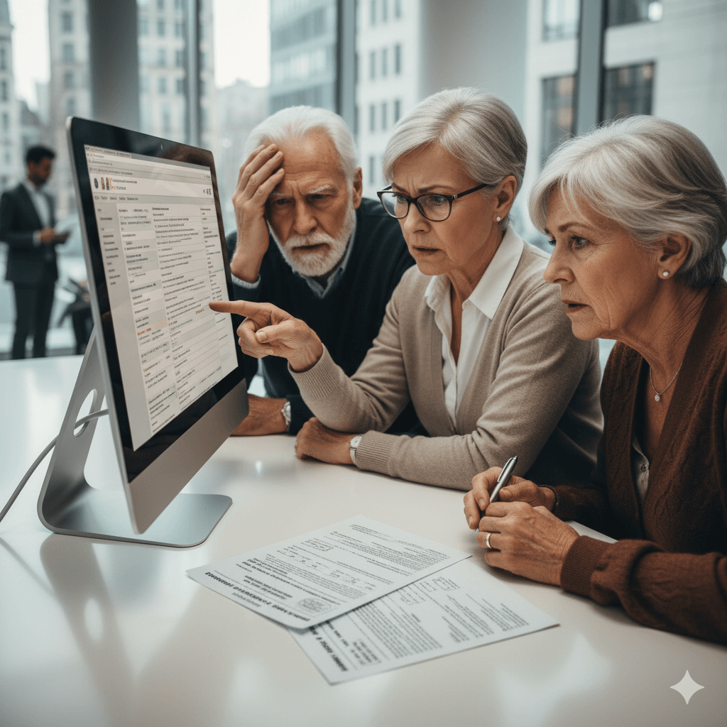 Unas personas mayores con expresión de preocupación intentando completar un trámite en un ordenador, simbolizando la brecha digital y la dificultad de la burocracia online.