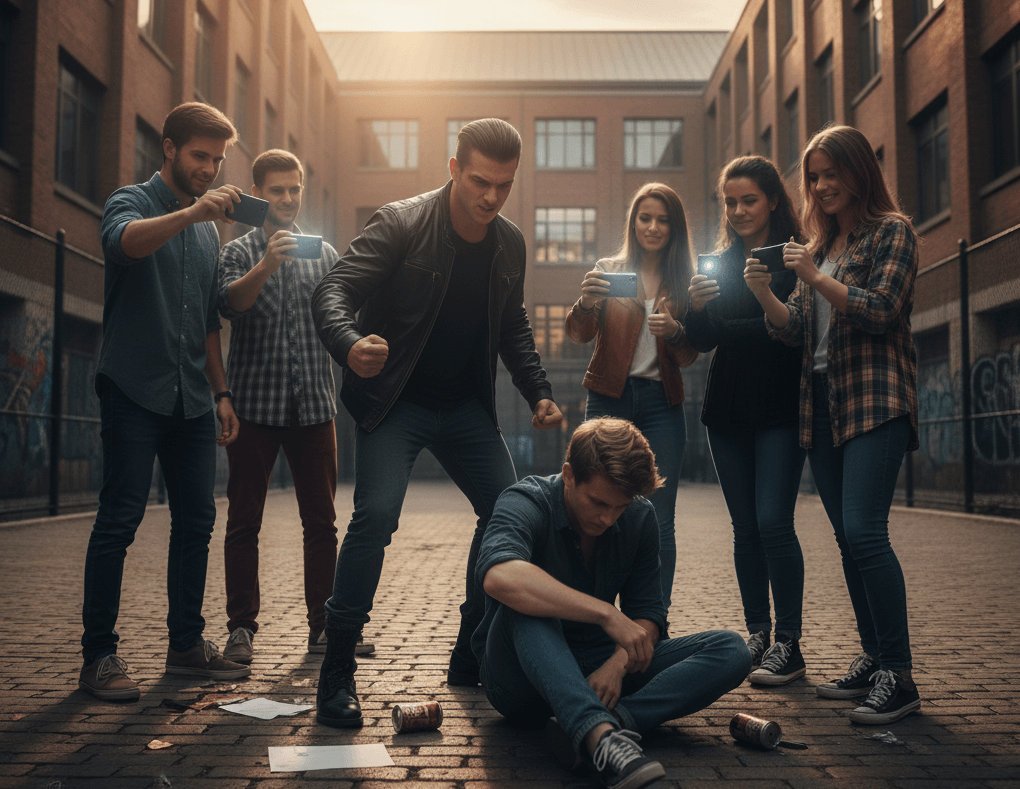 Joven sentado solo en el patio oscuro de un colegio, mirando su móvil mientras símbolos de cyberbullying, mensajes negativos y redes sociales flotan a su alrededor. Ilustra la soledad y el impacto del acoso digital.
