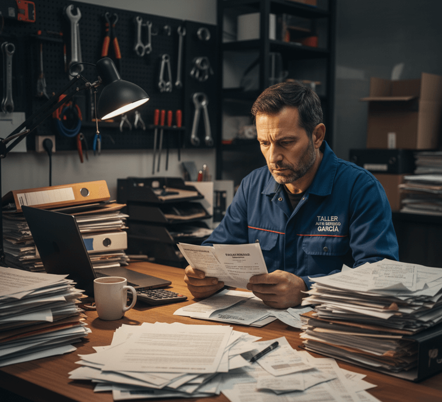 Trabajador autónomo en su escritorio, visiblemente abrumado por pilas de documentos y burocracia. El autónomo revisa su gestión fiscal y calcula el impacto de las subidas de cuotas de la Seguridad Social previstas para 2026 en adelante.