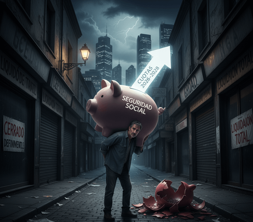 Imagen de un autónomo visiblemente agobiado, cargando sobre sus hombros una enorme hucha de cerdito con la inscripción "Seguridad Social" y una flecha ascendente indicando "Cuotas 2026-2028". Se encuentra en una calle oscura y vacía, flanqueada por pequeños comercios con carteles de "Cerrado Definitivamente" o "Liquidación Total", y una hucha rota en el suelo que simboliza la escasez. En el fondo, un cielo tormentoso con relámpagos y una ciudad con rascacielos. Representa la presión de la subida de cuotas para los autónomos y el cierre de pequeños negocios.