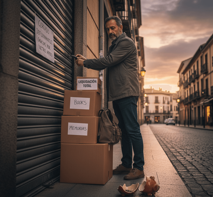 Primer plano de un autónomo con expresión de derrota, cerrando su pequeño comercio con un cartel de "Cerrado Definitivamente" visible. El autónomo carga una pila de monedas y documentos de la Seguridad Social, simbolizando la carga fiscal por la subida de cuotas. El fondo, menos sombrío que otras versiones, representa la dificultad y el agotamiento del emprendedor español.
