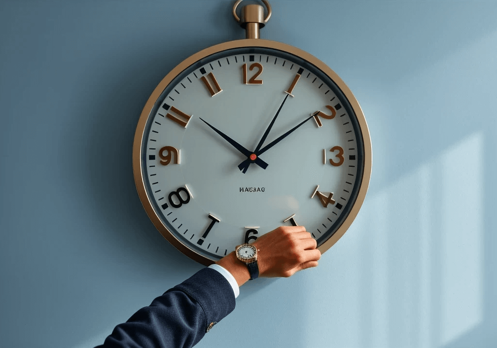 Fotografía de un hombre limpiando y ajustando una pared llena de relojes analógicos, representando la tarea de sincronizar el tiempo en diferentes husos horarios.