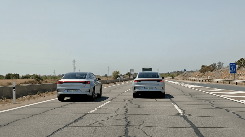 Autopista antigua y deteriorada con asfalto agrietado y baches, con coches circulando por sus tres carriles.