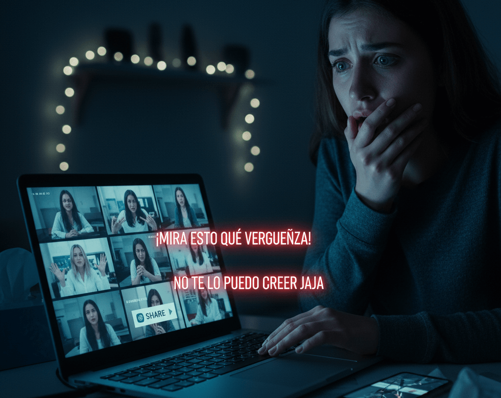 Una joven mira su pantalla de ordenador o móvil con expresión de horror y angustia, recibiendo imágenes o videos humillantes de sí misma, representando el impacto emocional del cyberbullying.