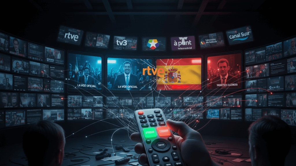 Mano con mando a distancia manipulando pantallas de RTVE, y cadenas autonómicas con botones "Sí" y "No".