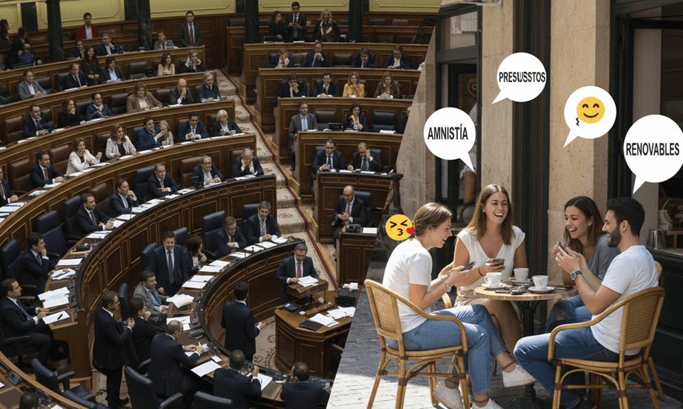 Contraste entre el debate en el Congreso de los Diputados sobre incumplimiento de leyes y la pasividad de la sociedad española en una terraza.