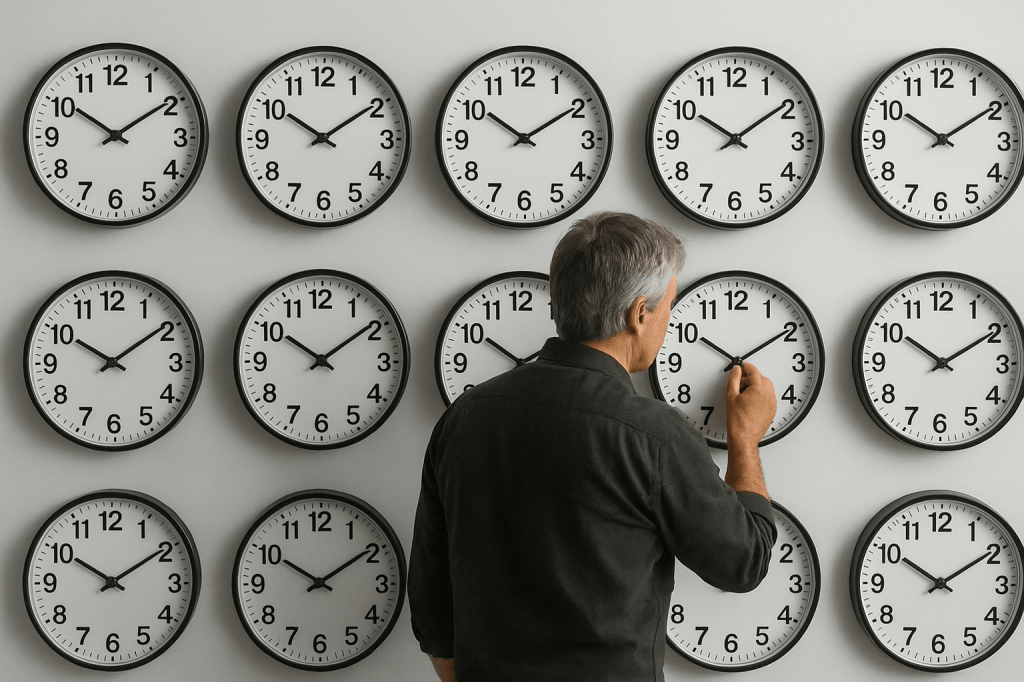 Un hombre ajusta las manecillas de un reloj en una pared con múltiples relojes, ilustrando el cambio de hora en otoño.