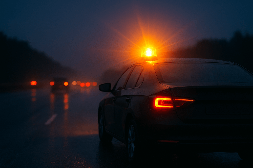 Un coche negro averiado en una carretera oscura y mojada con una luz de emergencia V16 brillante encendida en el techo, destacando la seguridad nocturna.