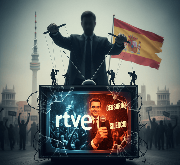 Mano titiritera política manipulando a periodistas sobre pantalla de televisión rota de RTVE con palabras "CENSURADO" y "SILENCIO".