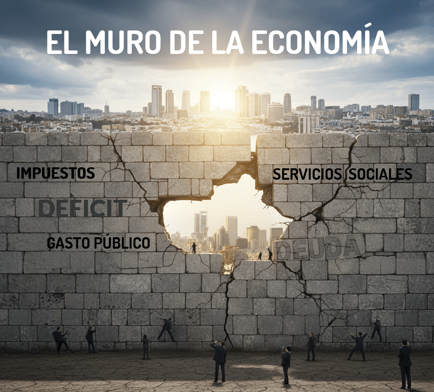 Un gran muro de piedra simboliza los retos fiscales de España, como la deuda y el déficit, mientras pequeñas figuras intentan escalarlo con una ciudad próspera al fondo.