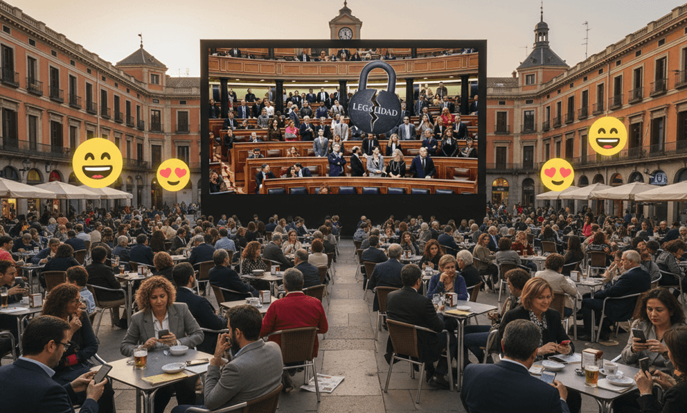 Vista de una plaza pública con terrazas llenas de gente distraída con móviles y refrescos, ignorando una pantalla gigante que emite un debate tenso en el Congreso de los Diputados. Ilustra la normalización del incumplimiento de leyes por la clase política en España.