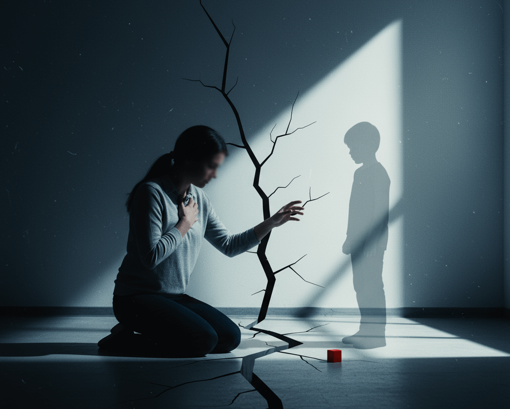 Una mujer arrodillada intenta alcanzar una figura sombría de un niño al otro lado de una grieta en el suelo, simbolizando el trauma infantil y la sanación emocional.