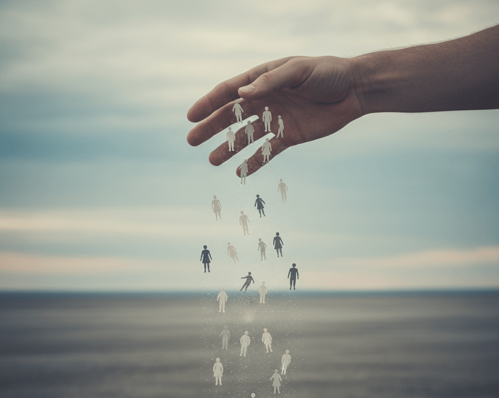Una mano grande y detallada en la parte superior derecha parece esparcir pequeñas figuras humanas que caen como arena o polvo hacia un horizonte difuminado entre el cielo y el mar. Las figuras están parcialmente dispersas y transparentes, algunas con siluetas más definidas en blanco y negro, sugiriendo creación o disolución.