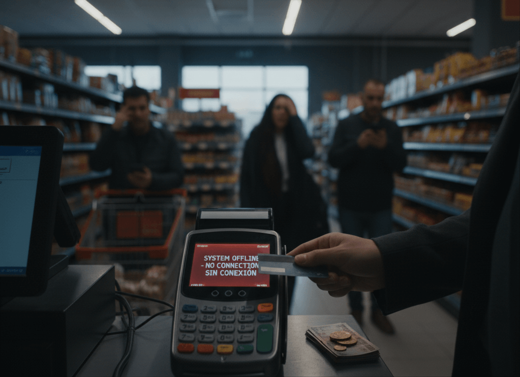 Cliente intentando pagar con tarjeta en un supermercado con el terminal (TPV) mostrando "SYSTEM OFFLINE - NO CONNECTION - SIN CONEXION" durante un apagón o fallo de red, con iluminación tenue y personas preocupadas.