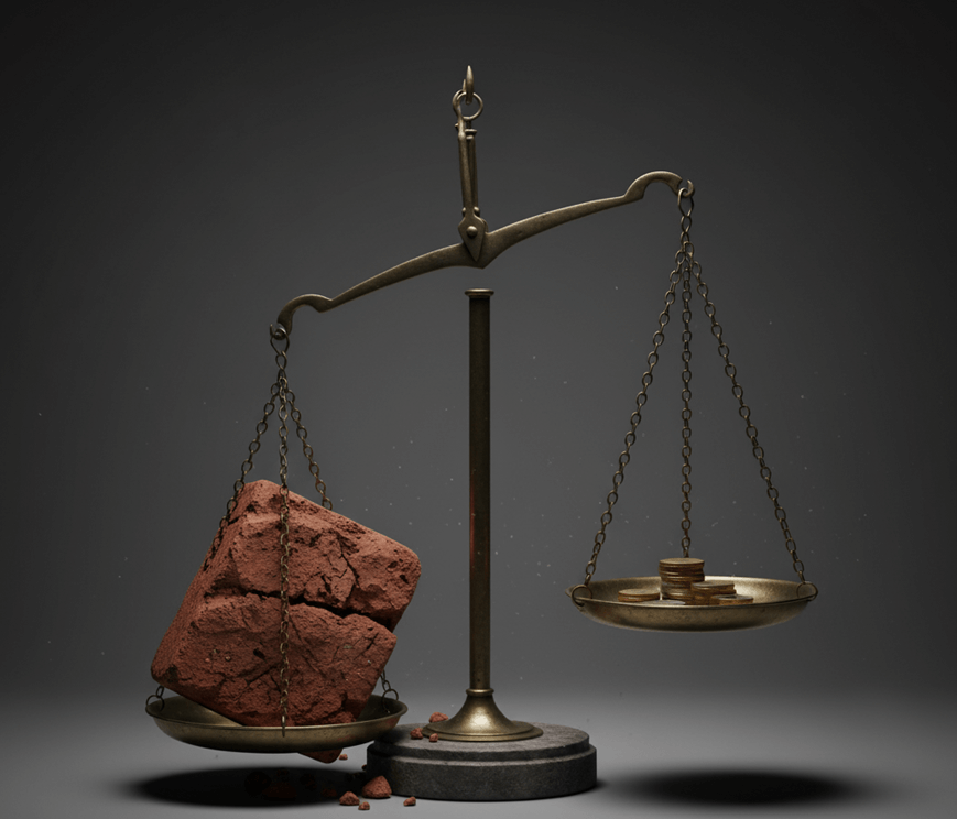 Una balanza desequilibrada con un pesado ladrillo (coste de la vivienda) aplastando un platillo y un pequeño montón de monedas (salario) en el otro, simbolizando el impacto del alquiler en la precariedad laboral.