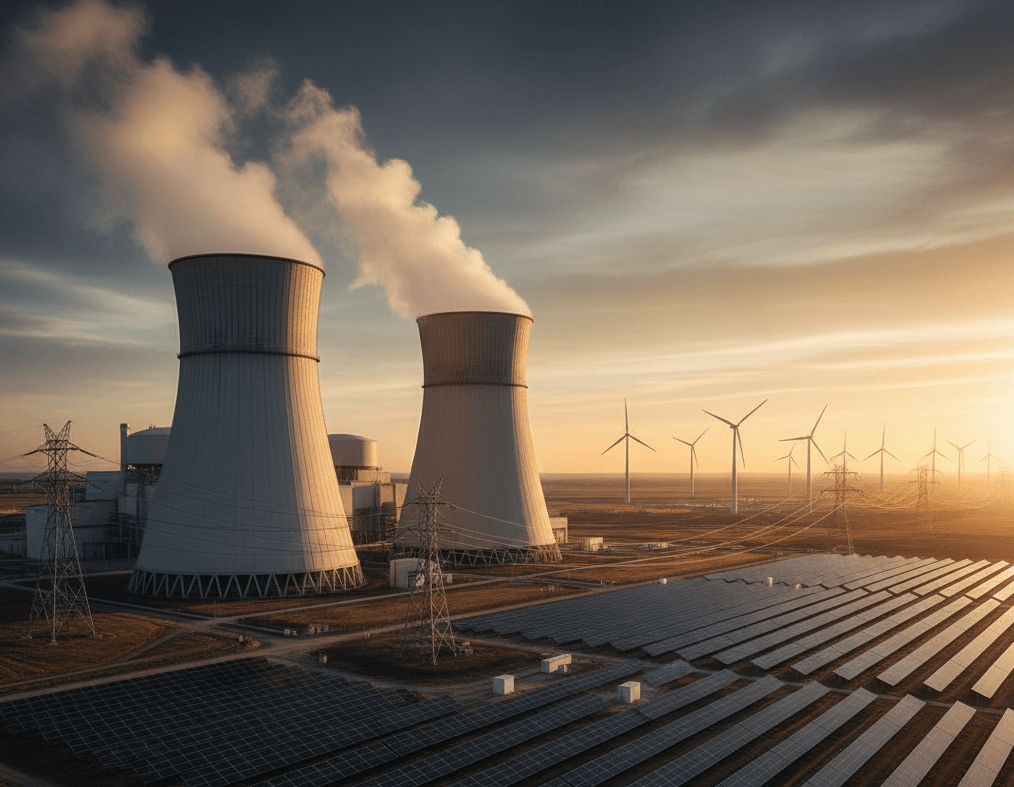 Vista aérea de una moderna central nuclear con torres de refrigeración, paneles solares y aerogeneradores al amanecer/atardecer, simbolizando el debate energético.