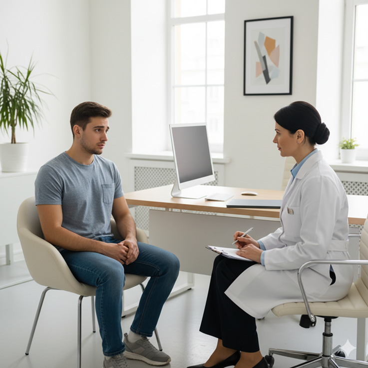 Joven paciente en consulta con psicólogo o psiquiatra. Apoyo profesional para crisis de salud mental en adolescentes y depresión.