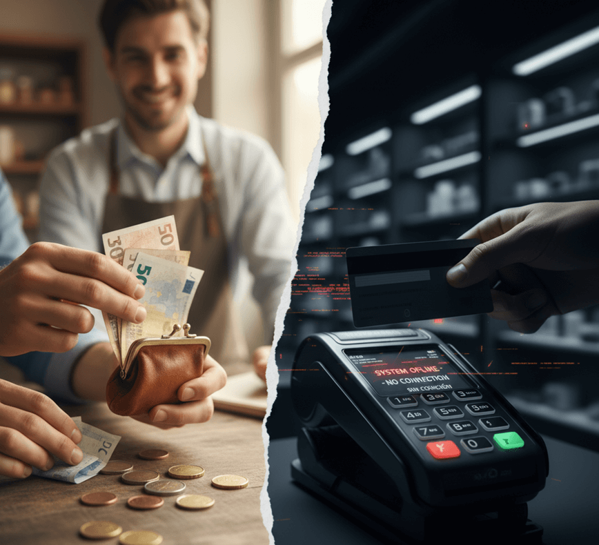 Contraste visual entre pago en efectivo (billetes de euro y monedas) y pago digital con smartphone o tarjeta en un terminal de cobro apagado o sin conexión.