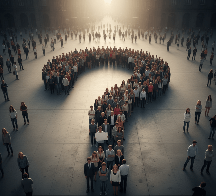 Signo de interrogación gigante formado por un grupo de personas con expresiones de desconfianza, duda y confusión, simbolizando la crisis de confianza en la política y el sistema democrático.