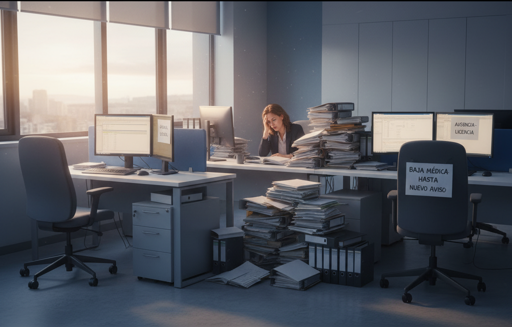 Empleado de PYME abrumado por gran carga de trabajo, rodeado de pilas de documentos y puestos vacíos con carteles de "BAJA MÉDICA" y "AUSENCIA"