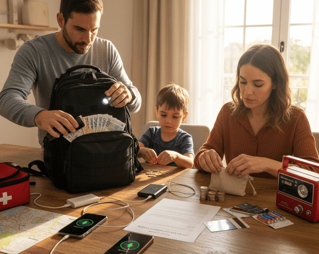 Familia (padres e hijo) sentados en una mesa, organizando activamente un kit de emergencia. Se ven claramente billetes de euro, monedas, varios teléfonos móviles conectados a cargadores externos y una radio a pilas con pilas de repuesto.