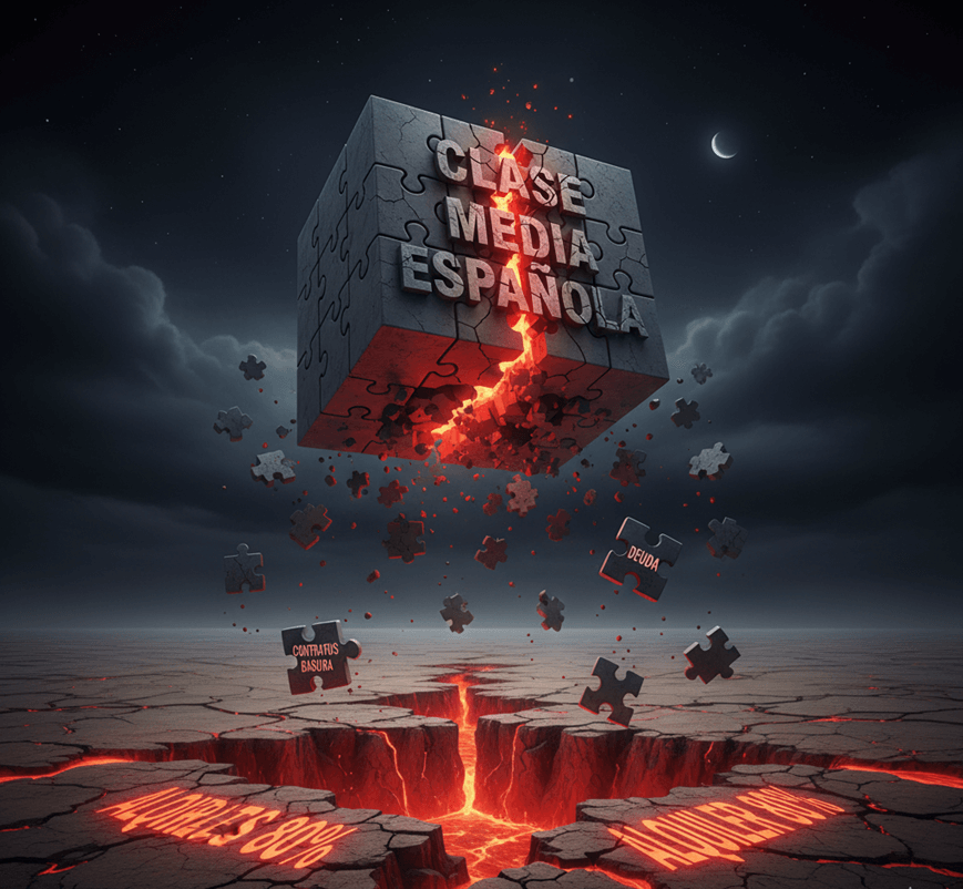 Ilustración conceptual de un rompecabezas que se desmorona y cuyas piezas caen en grietas, simbolizando la fragmentación de la clase media española causada por la precariedad laboral y la deuda.