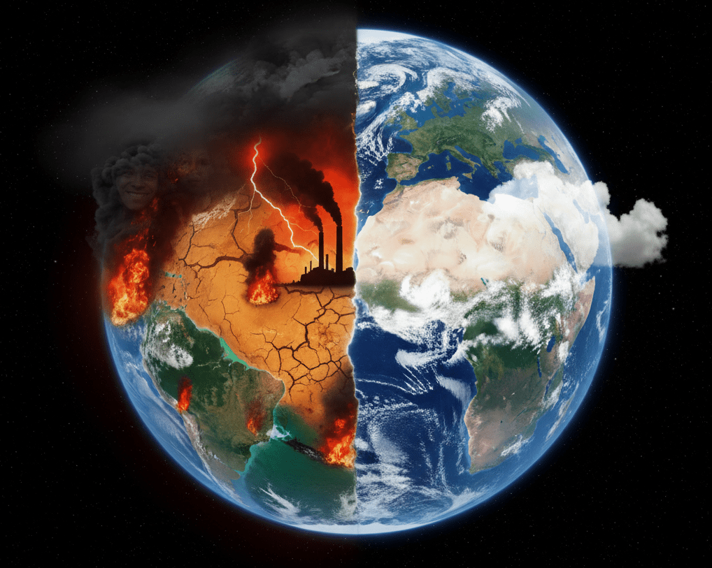 Globo terráqueo partido por la mitad. Un lado es árido y quemado (crisis), y el otro es normal y azul (escepticismo), simbolizando la división de opiniones sobre el cambio climático en España.