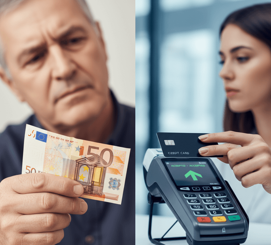 Contraste psicológico entre un comprador pensativo extendiendo un billete de 50€ (evocando duda o "dolor") y otra persona pagando con tarjeta o móvil sin emoción ante una pantalla que confirma la transacción.