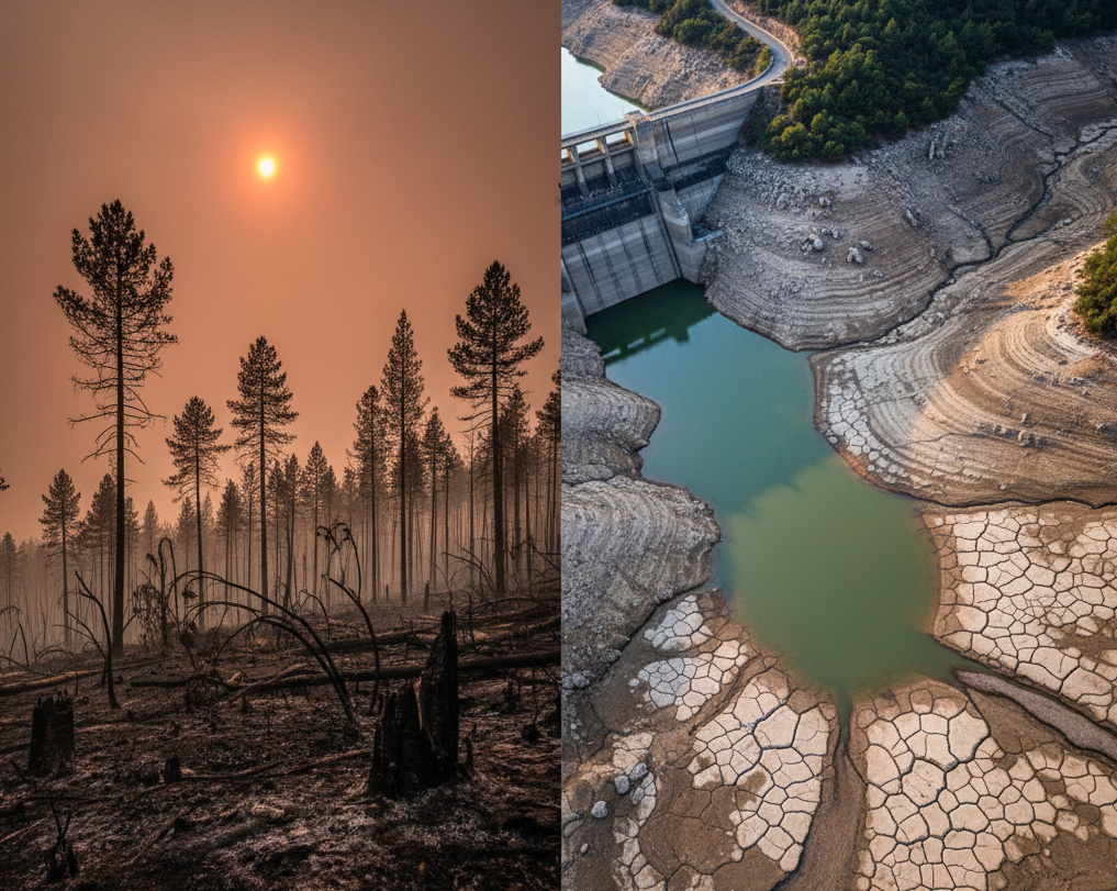 Díptico que muestra las consecuencias de la crisis climática en España: a la izquierda, bosque quemado por un incendio forestal; a la derecha, vista aérea de un embalse extremadamente bajo con el terreno agrietado por la sequía.