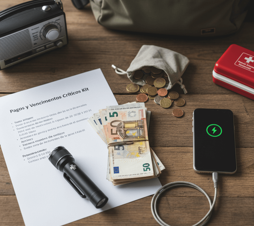 Un kit de emergencia financiera sobre una mesa de madera que incluye dinero en efectivo (billetes de euro y monedas), un teléfono móvil cargándose con un icono de rayo verde, una lista impresa de "Pagos y Vencimientos Críticos", una radio, una linterna y un botiquín.