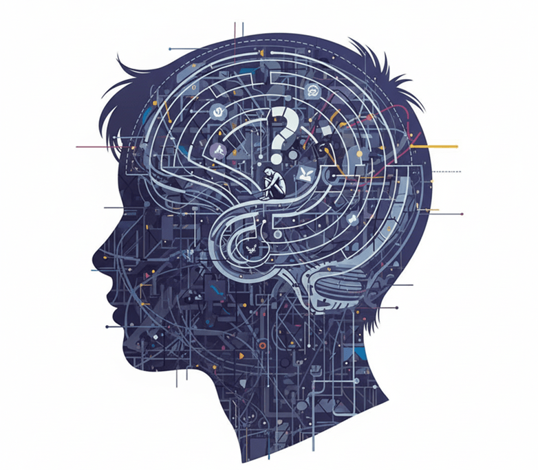 Ilustración abstracta de perfil de cabeza adolescente con laberinto y símbolos de confusión mental, estrés, depresión y redes sociales.