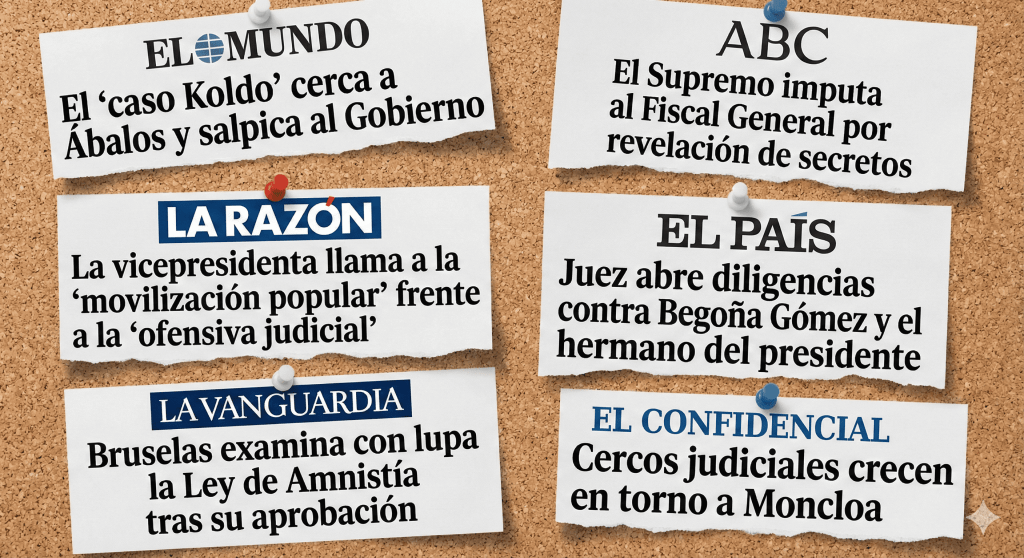 Montaje de recortes de titulares de varios periódicos españoles sobre casos judiciales, investigaciones y debates políticos, colocados sobre un corcho.