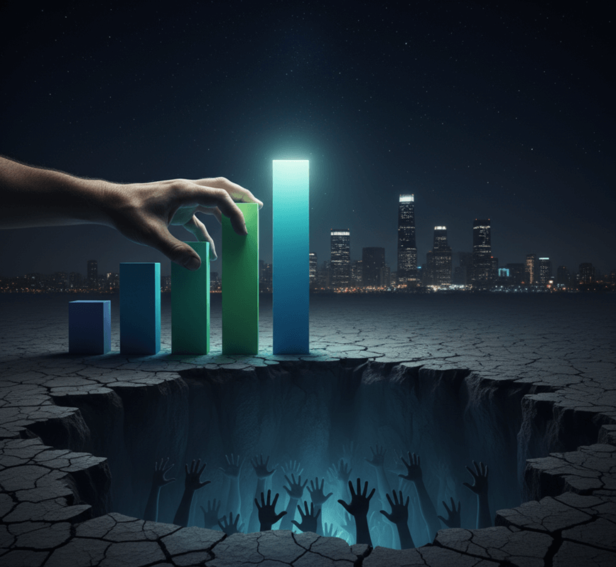 Gráfico conceptual que muestra una curva de crecimiento económico ascendente, mientras que varias manos se deslizan desde la cima hacia un abismo de precariedad, ilustrando la exclusión social del Informe FOESSA.