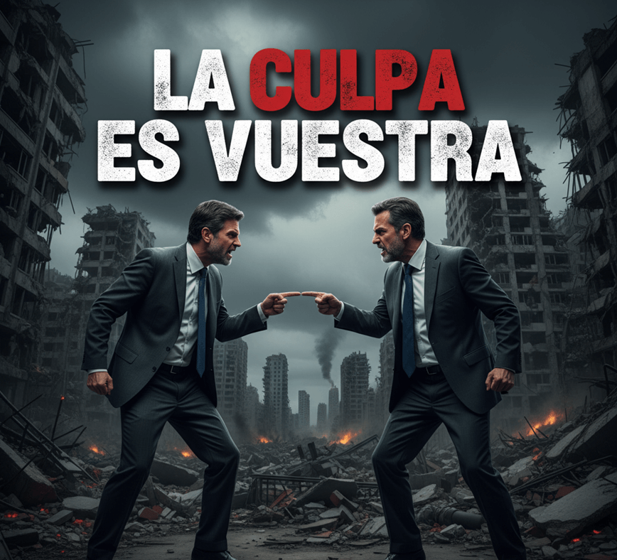Dos figuras políticas, una de cada lado ideológico, se apuntan mutuamente con el dedo sobre un fondo de ruinas o desastre, con el texto "LA CULPA ES VUESTRA", simbolizando el juego del "Y tú más" y la evasión de responsabilidad.