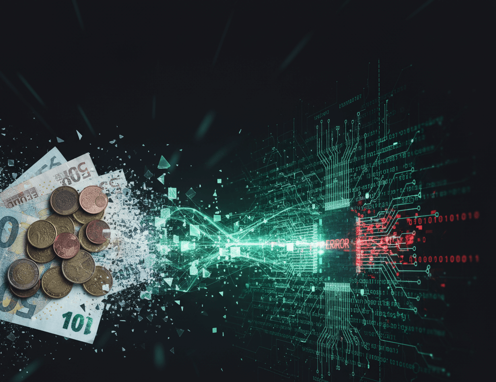 Imagen conceptual de billetes de euro y monedas desintegrándose en datos digitales que fluyen hacia un circuito electrónico con la palabra "ERROR" en rojo y códigos binarios, simbolizando la digitalización del dinero y los fallos del sistema.