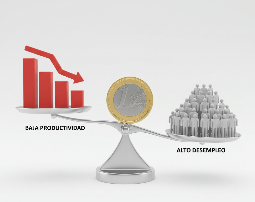 Infografía balanza desequilibrada. Un lado muestra alta tasa de desempleo (iconos de personas paradas) y el otro baja productividad (gráfico cayendo). Un gran euro desequilibra la balanza, simbolizando la financiación que oculta los problemas estructurales de España.