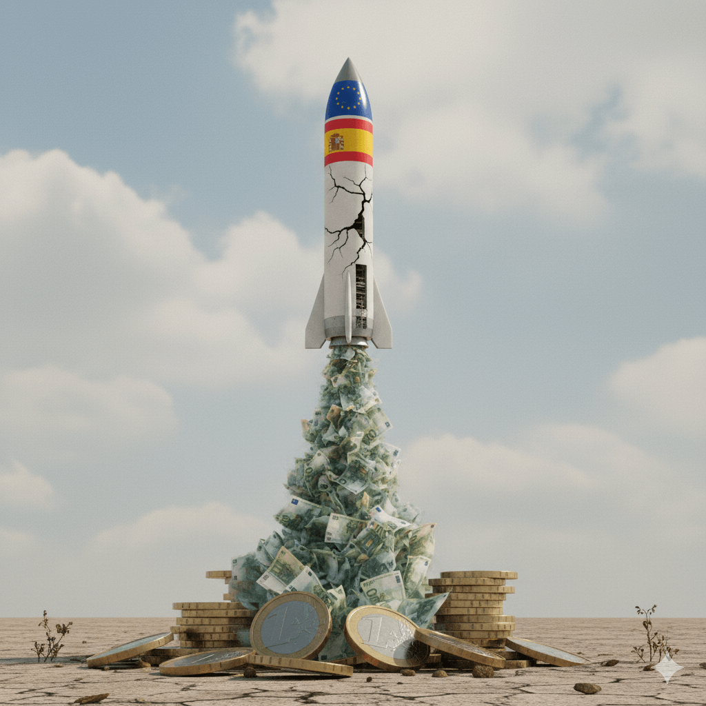 Imagen conceptual de un cohete con las banderas de España y la UE (simbolizando el PIB en auge) siendo propulsado por un chorro de billetes de euro. El cohete tiene grietas y se levanta sobre monedas, sugiriendo un crecimiento artificial e inestable financiado por fondos externos