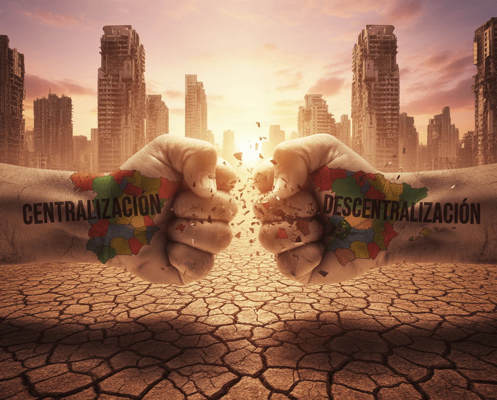Primer plano de dos puños masculinos chocando agresivamente. Uno lleva la inscripción 'CENTRALIZACION' y el otro 'DESCENTRALIZACION'. Sobre la piel se vislumbran los mapas fracturados de las Comunidades Autónomas. El fondo es un paisaje urbano seco y agrietado.